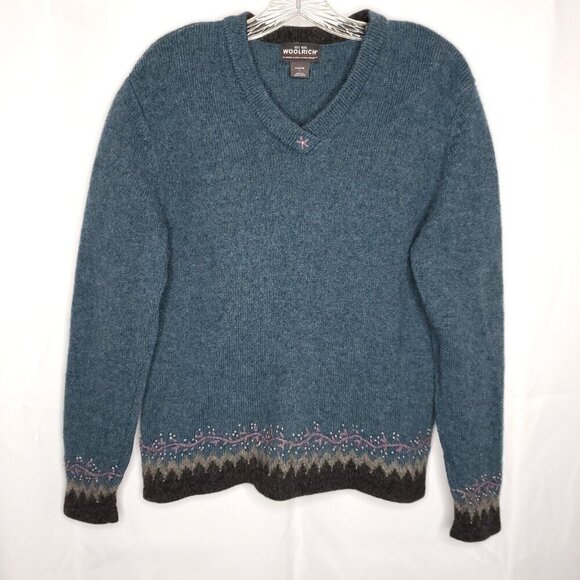 Woolrich Womens Wool V Neck Sweater L Floral Embroidered Teal Blue Gray - Picture 1 of 8